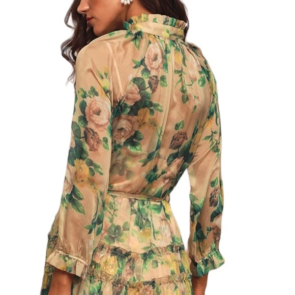 O.P.T. Cosmia Beige Floral Print Tiered Ruffled Midi Dress. Size Small - Picture 5 of 10